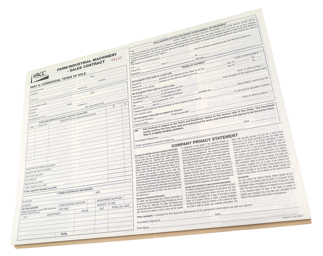 Farm/Industrial Machinery Sales Contract Pad