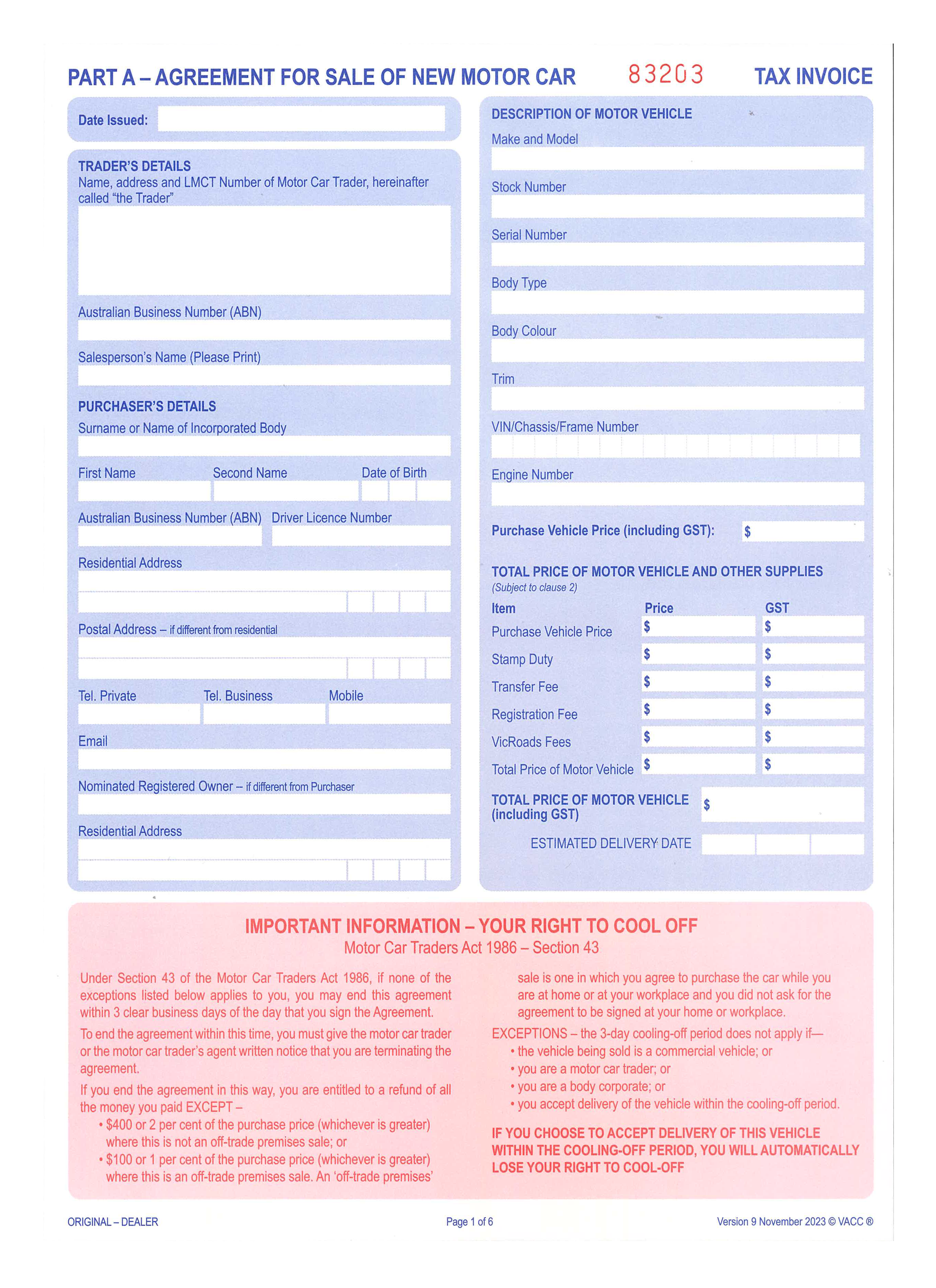 Agreement For Sale of NEW Motor Vehicle - VIC ONLY