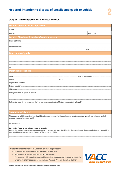 Disposal of Uncollected Goods Kit - VIC ONLY