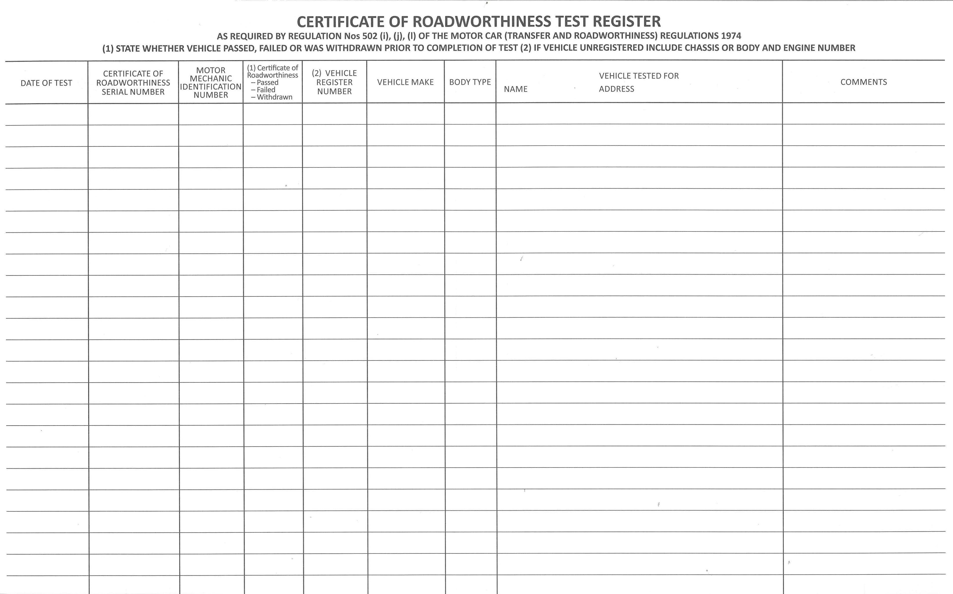 Roadworthy Register