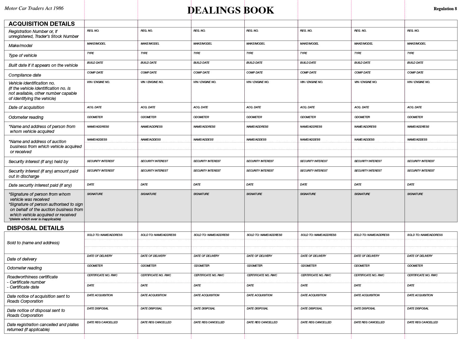 Dealings Book Inserts - VIC ONLY