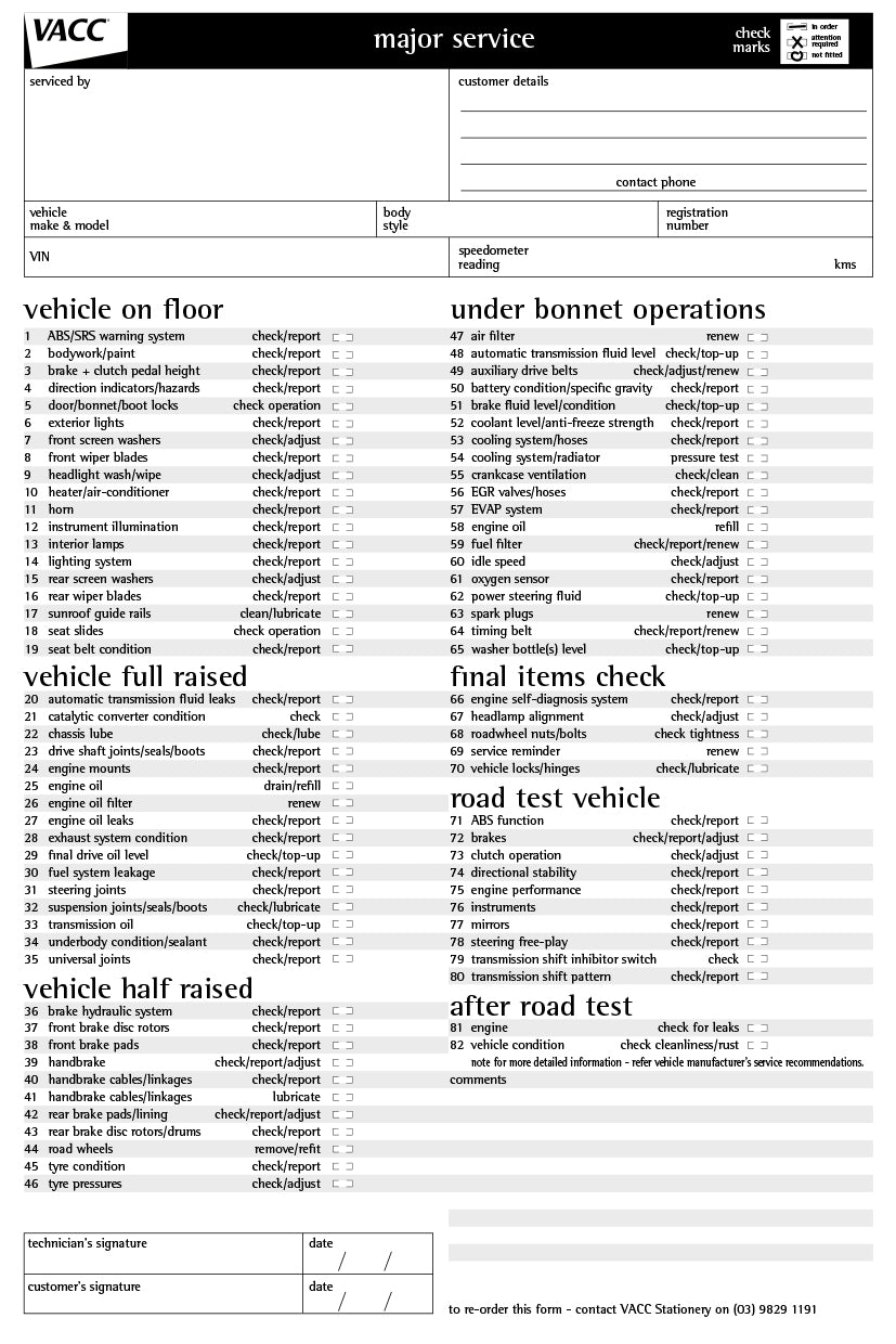 Major Service Checklist